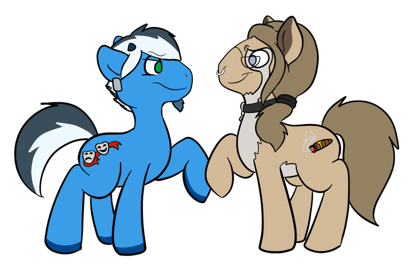 blue_body blue_eyes brown_fur brown_hair brown_wantholf cigar collar cutie_mark duo dusty_(blue_squirrel_dude) equine eyewear facial_piercing feral fur glasses green_eyes hair hooves horse male mammal my_little_pony piercing plain_background pony technicolor_pie white_background white_hair