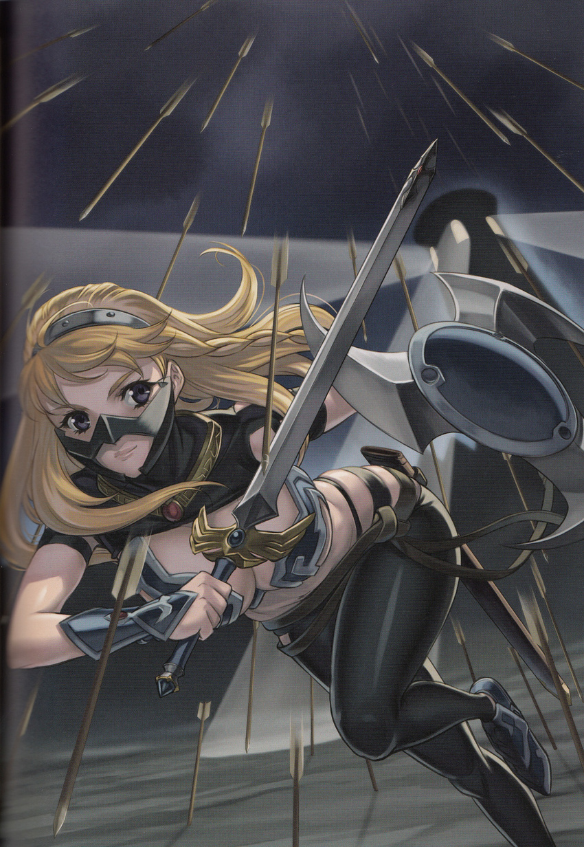 absurdres ahoge alternate_costume armband armor arrow bangs battle belt bent_over bikini_armor black_panties blade blonde_hair blue_eyes braid breasts cleavage eiwa floating_hair from_below gem highleg highleg_panties highres holding large_breasts leather leather_pants leg_lift leina long_hair looking_at_viewer loose_belt mask motion_blur navel night night_sky outdoors panties pants pantyhose planted_arrow queen's_blade queen's_blade_rebellion rain_of_arrows running scan scan_artifacts sheath shield shoes side_braid side_cutout skindentation sky smile solo spotlight sword thong tower underwear vambraces weapon