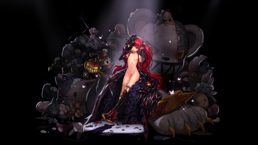 arad_senki bunny butterfly dungeon_and_fighter dungeon_fighter_online elbow_gloves flowers gloves hr.b long_hair navel nipples nude photoshop pointed_ears pumpkin pussy red_eyes red_hair rose tagme_(character) teddy_bear twintails uncensored
