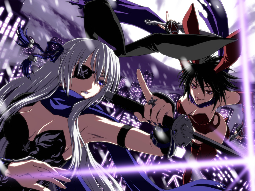 animal_ears armpits battle black_hair blue_eyes bunny_ears bunnysuit duel eyepatch iga_tomoteru katana kunai long_hair multiple_girls nail_polish original red_eyes scarf silver_hair sword tongue weapon