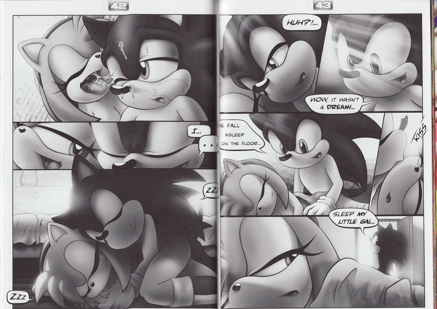 absurd_res amy_rose amy_untold breasts butt comic cum door doujin eyes_closed female hedgehog hi_res kissing licking male monochrome morning nude sleeping sonic_(series) sonic_the_hedgehog sunlight tc tongue wink
