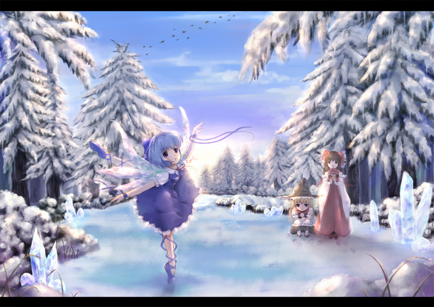 bad_id bad_pixiv_id ballet bare_shoulders bird blonde_hair blue_eyes blue_hair bow brown_eyes brown_hair cirno cloud dancing detached_sleeves dress frozen_lake hair_bow hair_tubes hakurei_reimu hat kirisame_marisa lake letterboxed long_hair miyai_haruki multiple_girls open_mouth ribbon scarf short_hair short_sleeves smile snow touhou tree tutu wide_sleeves wings winter witch_hat