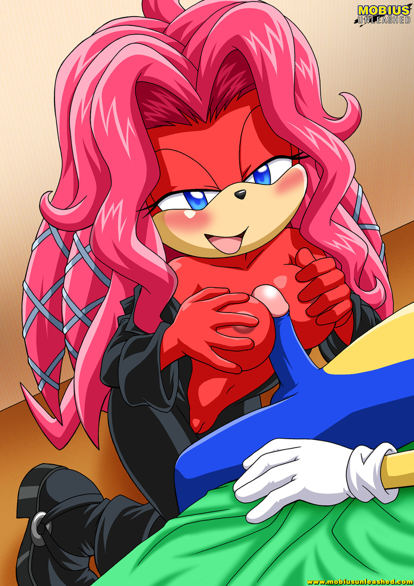 bed black_nose blue_eyes blush boots breasts buckle dreadlocks echidna female gloves hair hedgehog kneeling lien-da long_hair male mobius_unleashed navel nipples open_mouth penis pink_hair pussy sitting smile sonic_(series) sonic_the_hedgehog straight titfuck