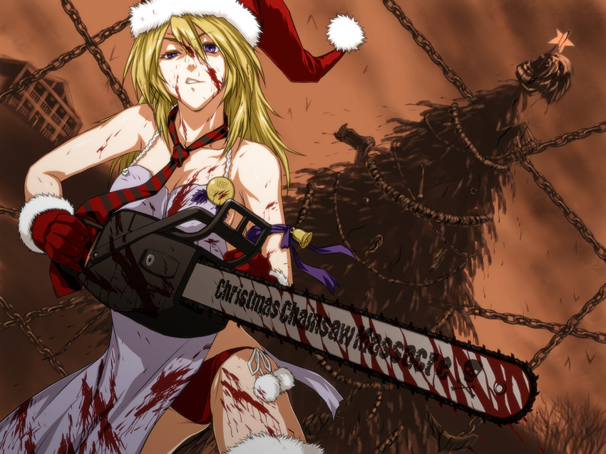 apron blonde_hair blood chain chainsaw christmas christmas_tree dress gloves hat iga_tomoteru necktie original panties purple_eyes red_gloves santa_hat severed_head solo tree underwear