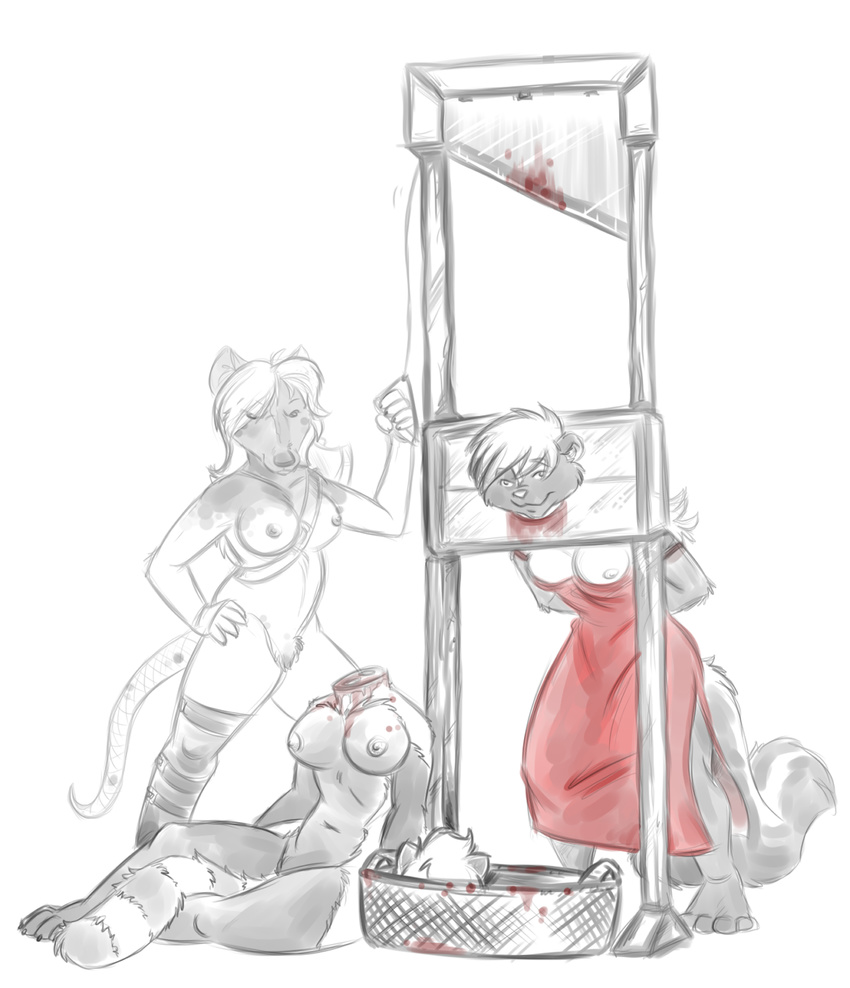 aggrobadger axe blood bound breasts canine clothed decapitation dress female guillotine guro hair hands nude pubic_hair red_dress red_panda short_hair sketch skunk white_background