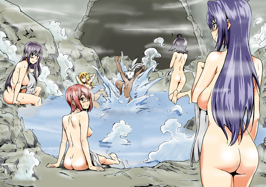 6+girls ahoge akaza_chacha amaya_haruko arm_support arms_behind_head ass back bandaid barefoot blonde_hair blue_hair blush breasts butt_crack censored dark_skin dimples_of_venus feet female from_behind highres himegami_kodama large_breasts long_hair looking_back maken-ki maken-ki! multiple_girls nijou_aki pink_hair rock satou_kimi shinatsu_azuki short_hair sitting soaking_feet splashing standing steam takeda_hiromitsu towel water wet white_hair