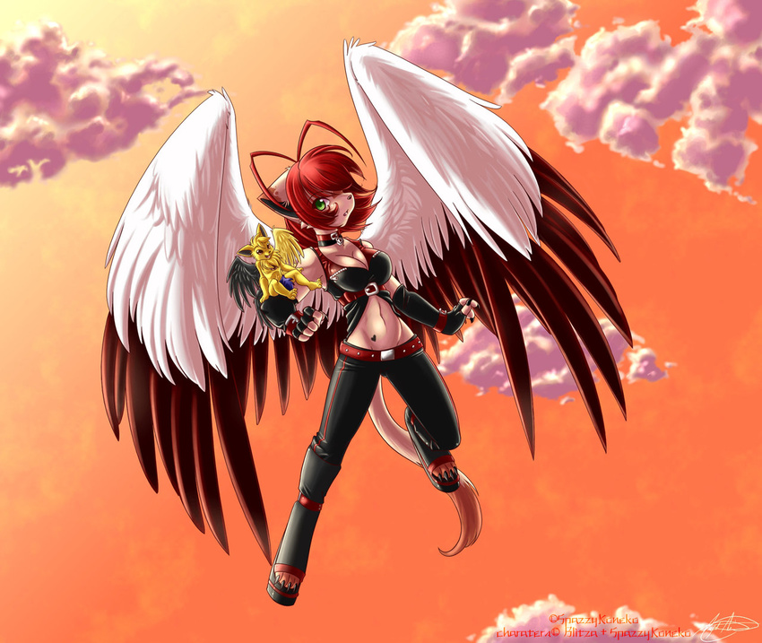 belt_buckle blitza breasts cleavage clothed clothing cloud clouds feline female fingerless_gloves floating flying gloves green_eyes hair koneko leather male mammal midriff outside red_hair sky spazzykoneko tattoo wings