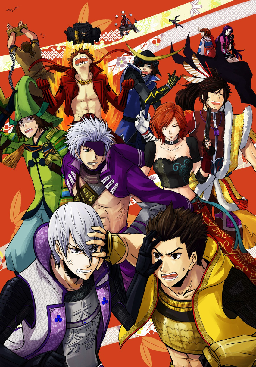 bird black_hair brown_hair character_request chosokabe_motochika chosokabe_motochika_(sengoku_basara) cuffs date_masamune date_masamune_(sengoku_basara) eagle eyepatch fire fuuma_kotarou_(sengoku_basara) gun handcuffs highres honda_tadakatsu ishida_mitsunari ishida_mitsunari_(sengoku_basara) maeda_keiji maeda_keiji_(sengoku_basara) mitsunari_ishida mouri_motonari oichi oichi_(sengoku_basara) otani_yoshitsugu robot saika_magoichi_(sengoku_basara) sanada_yukimura sanada_yukimura_(sengoku_basara) sengoku_basara sweat tokugawa_ieyasu tsuruhime weapon white_hair white_hairnoichi_(sengoku_basara) white_hairrnoichi_(sengoku_basara)