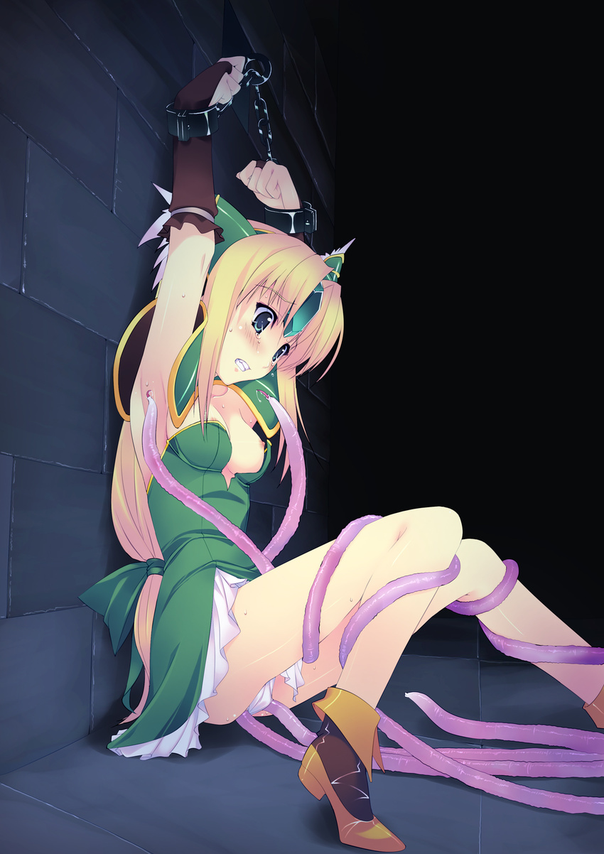 bdsm blonde_hair blue_eyes bondage bound breasts cuffs forehead_jewel highres imminent_rape legs long_hair long_legs low-tied_long_hair murakami_suigun nipples panties riesz seiken_densetsu seiken_densetsu_3 small_breasts solo tears tentacles thighs underwear