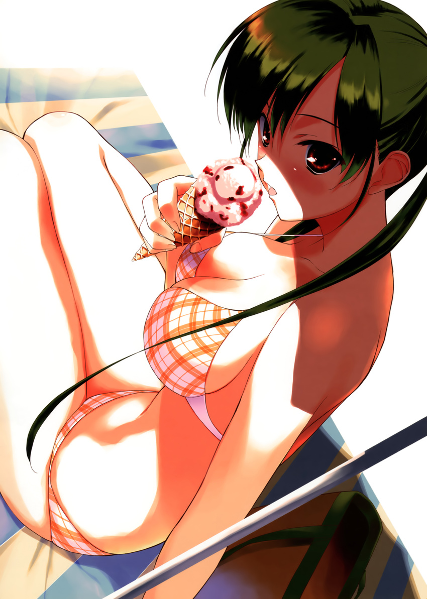 absurdres bikini breasts cleavage eating food fumio_(ura_fmo) green_hair highres ice_cream large_breasts long_hair long_legs original ponytail red_eyes solo swimsuit