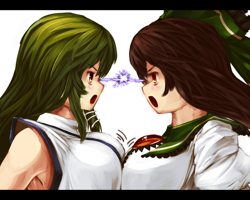 bow breast_contest breast_press breasts brown_hair confrontation danbo_(rock_clime) detached_sleeves eye_contact frog green_bow green_eyes green_hair hair_bow hair_ornament kochiya_sanae large_breasts letterboxed lightning_glare long_hair looking_at_another multiple_girls red_eyes reiuji_utsuho spark symmetrical_docking third_eye touhou