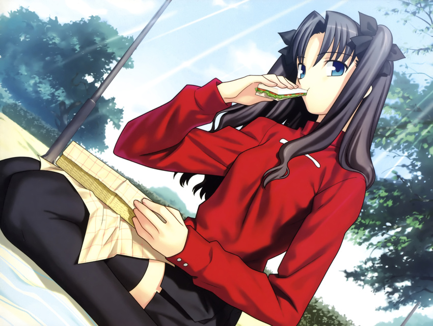 absurdres black_hair blue_eyes fate/stay_night fate_(series) food hair_ribbon highres long_hair ribbon sandwich solo takeuchi_takashi thighhighs toosaka_rin tree turtleneck type-moon zettai_ryouiki