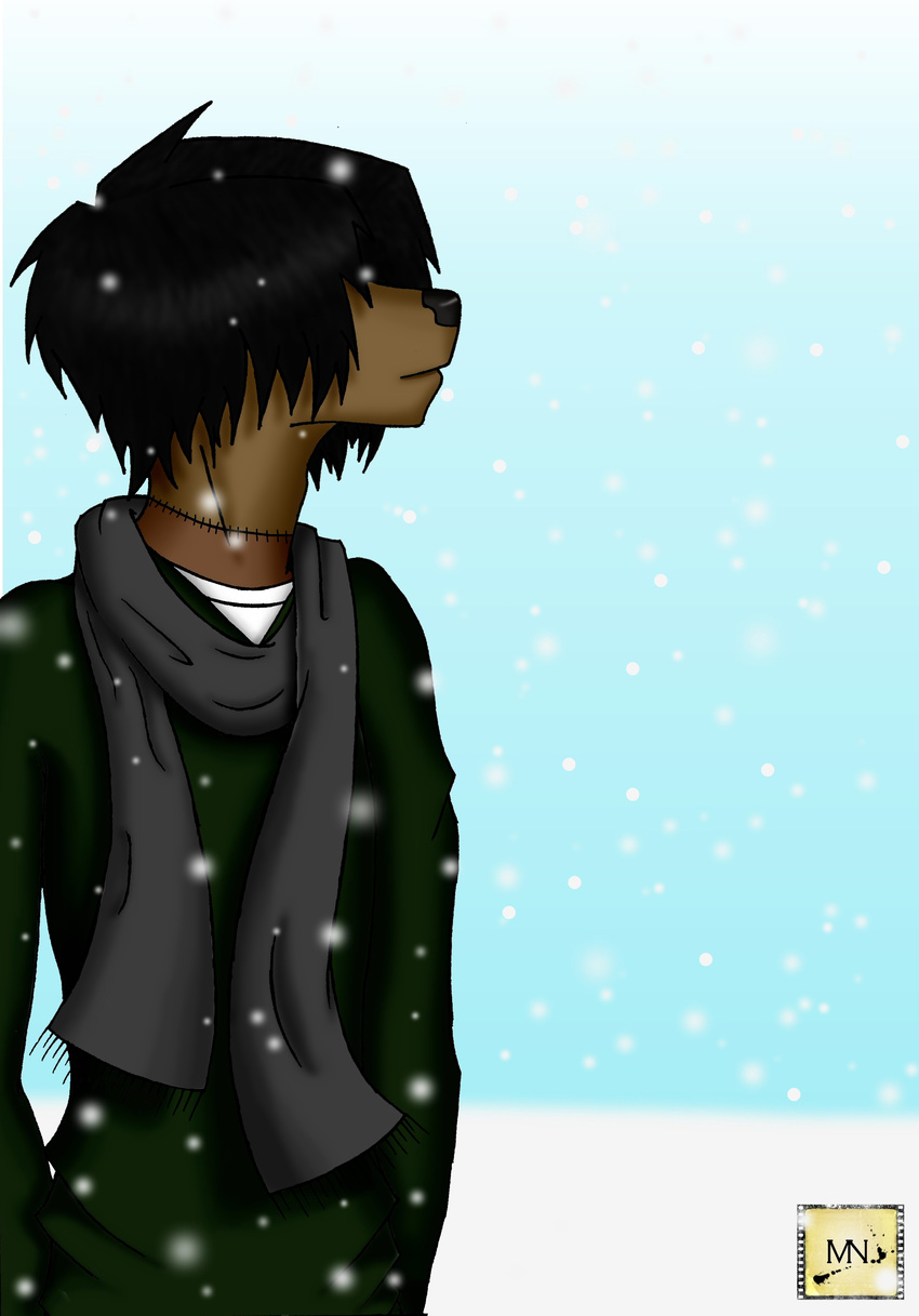 black_hair frankenfur hair hi_res male milo_nettle scarf snow solo stitches