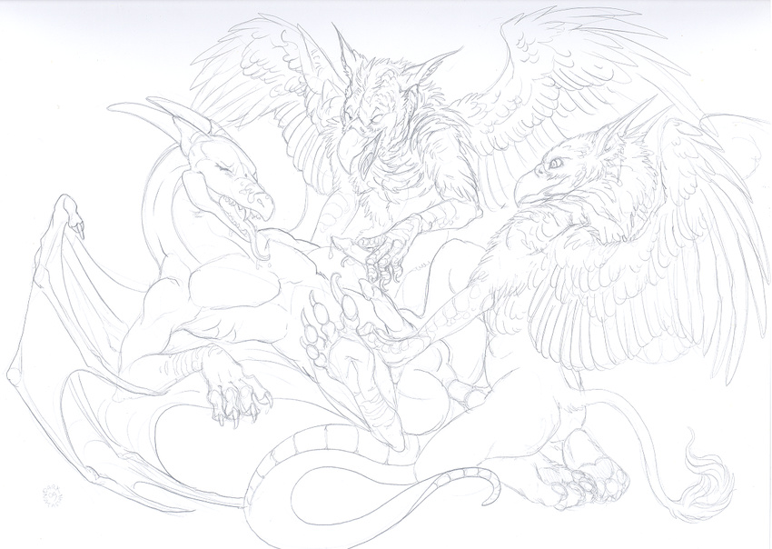 avian black_and_white dark_natasha dragon feral gay gryphon male monochrome scalie threesome wings