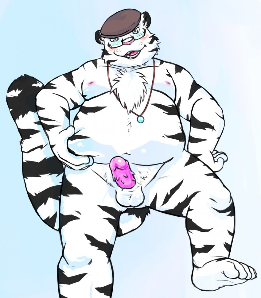 balls barbs blush body_markings chest_tuft chubby eyewear fat feline fur gazpacho gazpacho_(artist) glasses male mammal markings nude overweight penis solo tiger tuft white_tiger