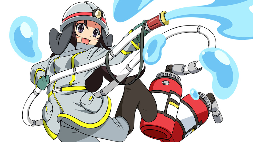 absurdres black_hair boots elsea_de_lute_irma elysia_de_lute_ima female fire_extinguisher fireman gloves helmet highres hose kami_nomi_zo_shiru_sekai open_mouth purple_eyes simple_background smile solo water