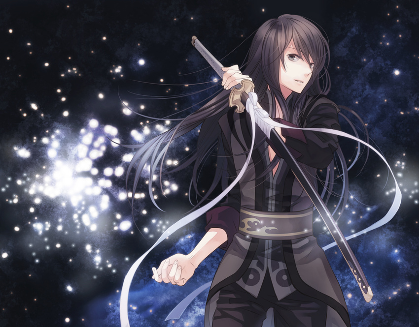 black black_background black_eyes black_hair highres left-handed long_hair male_focus solo sword tales_of_(series) tales_of_vesperia too_mizuguchi weapon yuri_lowell