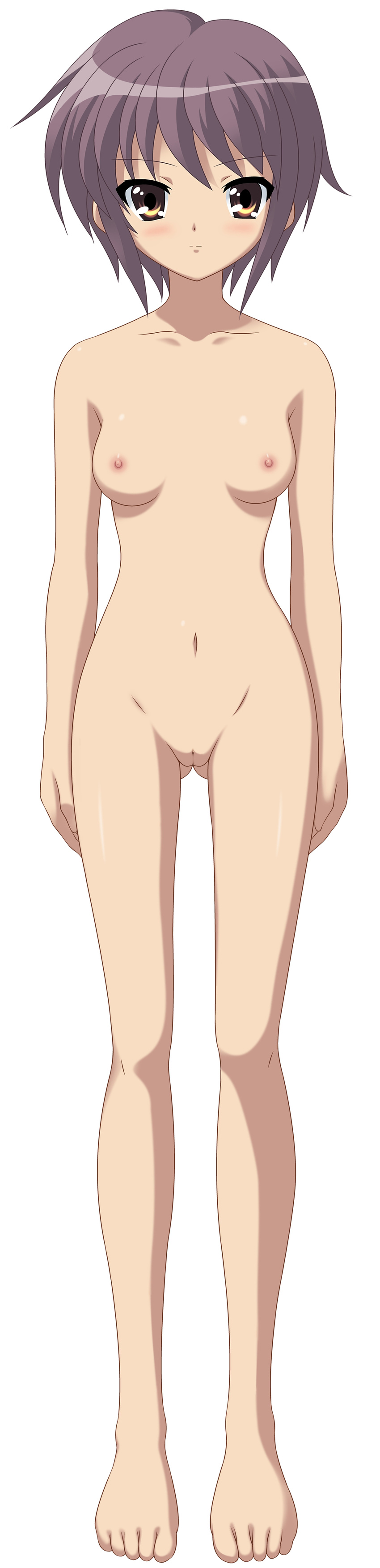 1girl absurdres areolae bare_shoulders barefoot blush breasts brown_eyes cleft_of_venus collarbone feet female full_body highres legs long_image mound_of_venus nagato_yuki naked navel nipples nude nude_filter photoshop pussy shaved_pussy short_hair simple_background small_breasts solo standing suzumiya_haruhi_no_yuuutsu tall_image thighs toes uncensored undressing white_background