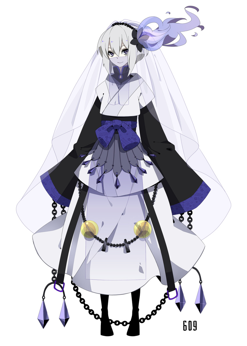 boots bow chain chandelure crystal full_body gen_5_pokemon grey_hair hair_ornament hairband highres japanese_clothes long_skirt merlusa personification pokemon purple_eyes purple_hair short_hair simple_background skirt smile solo standing veil white_background