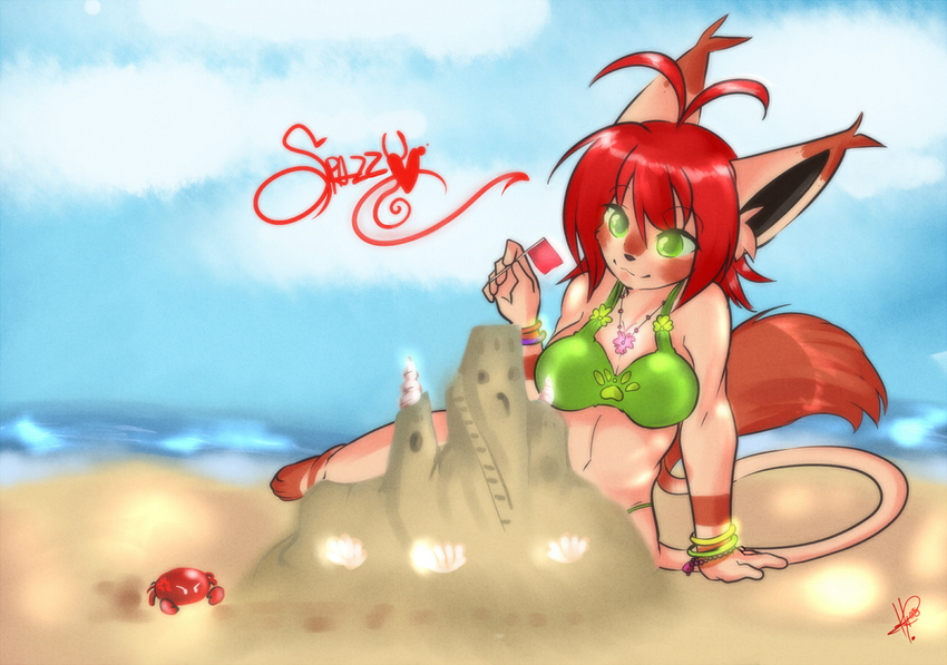 beach bikini brown brown_hair clothed clothing crab crustacean day feline female flag fur green_eyes hair koneko long_tail mammal marine necklace outside red_hair sand_castle sculpture seaside skimpy solo swimsuit tail tail_tuft tight_clothing tuft yuuri