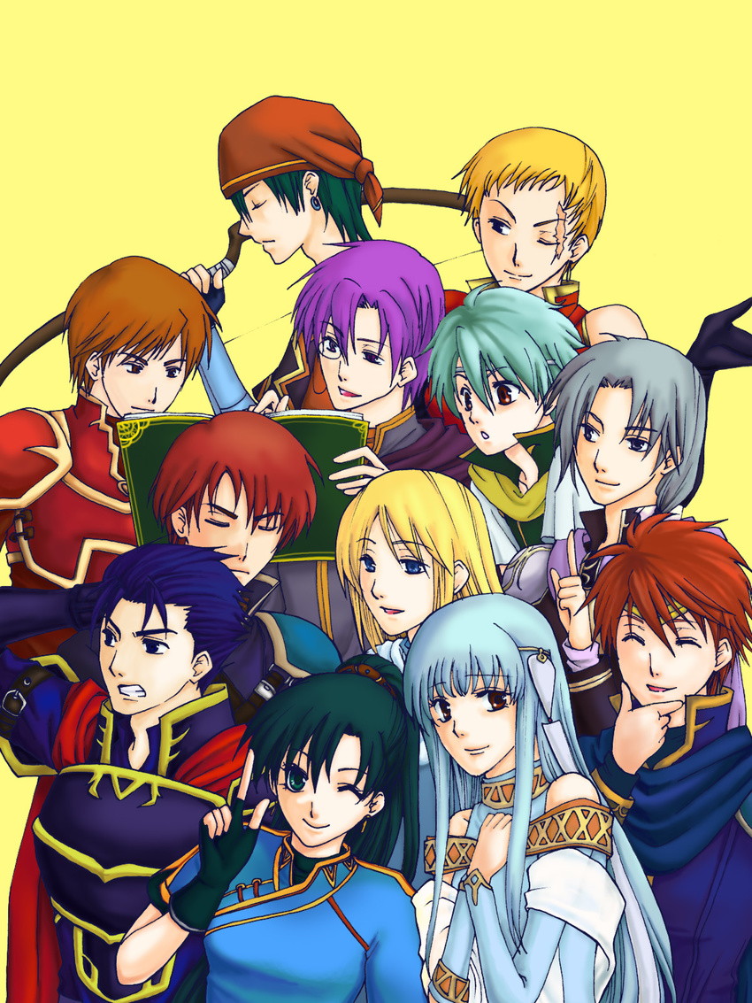 3girls 6+boys 9boys angry aqua_hair armor bandana bandanna blonde_hair blue_eyes blue_hair book bow bow_(weapon) canas cape chin_grab crimson_eyes earrings elbow_gloves eliwood eliwood_(fire_emblem) everyone eyes_closed fingerless_gloves fire_emblem fire_emblem:_rekka_no_ken fire_emblem_blazing_sword gloves gray_hair green_eyes green_hair grey_hair group happy hector hector_(fire_emblem) highres jewelry kent kent_(fire_emblem) knight looking_at_another looking_at_viewer looking_back lucius lyn lyndis_(fire_emblem) mage monk monocle multiple_boys multiple_girls nils ninian nintendo one_eye_closed open_book open_mouth orange_hair pent ponytail purple_eyes purple_hair rath raven_(fire_emblem) red_eyes scar serious silver_hair simple_background smile teal_hair vaida vaida_(fire_emblem) weapon wink yellow_background