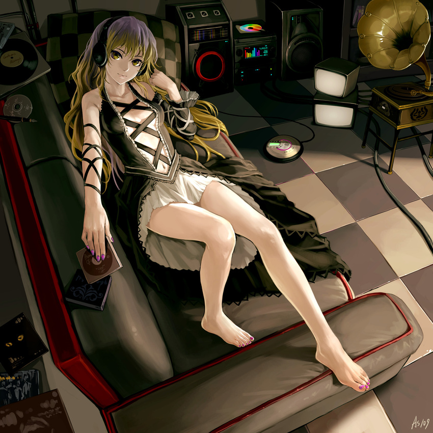 adapted_costume album_cover arm_ribbon artist_name as109 asymmetrical_clothes bare_legs barefoot breasts cd cd_player center_opening cleavage commentary_request cover detached_sleeves feet fountain_pen gradient_hair headphones highres hijiri_byakuren legs lips long_hair long_legs looking_at_viewer medium_breasts multicolored_hair nail_art nail_polish navel no_bra pen phonograph pillow purple_nails record ribbon signature solo toenail_polish touhou yellow_eyes