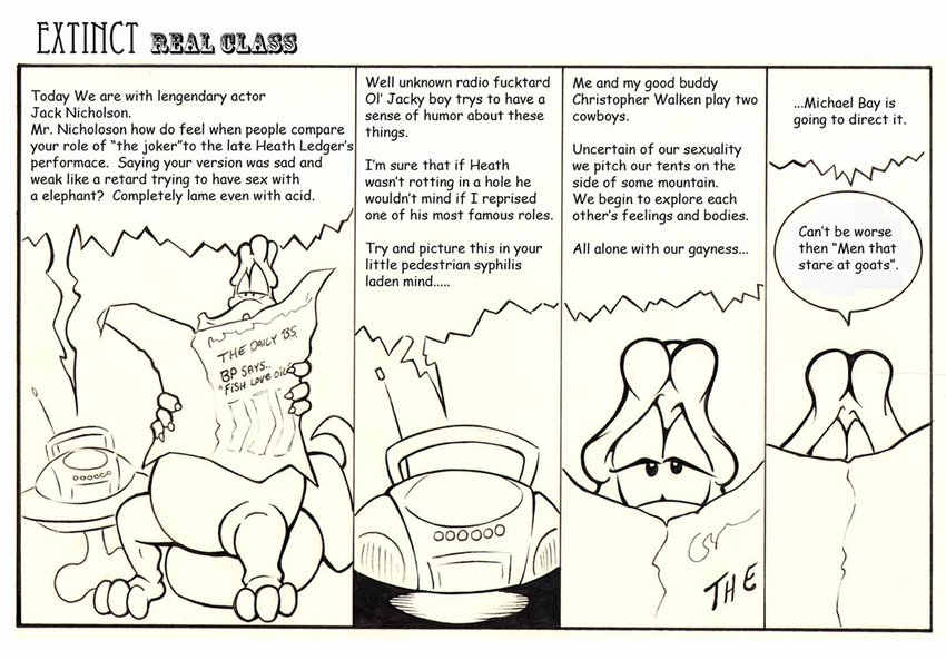 black_and_white bp claws comic dinosaur looking_at_viewer male monochrome newspaper plain_background reading scalie stereo tail white_background