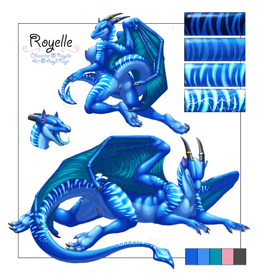 acidapluvia acidapluvia_(artist) anthro anus asyd_rayn big_breasts blue blue_body blue_tongue breasts butt claws dragon fangs female feral green_eyes horn horns model_sheet nipples nude palette plain_background plump_labia pose presenting presenting_hindquarters pussy royelle scalie showing_off side_boob solo spade_tail spread_legs spreading stripes tail tongue white_background wings