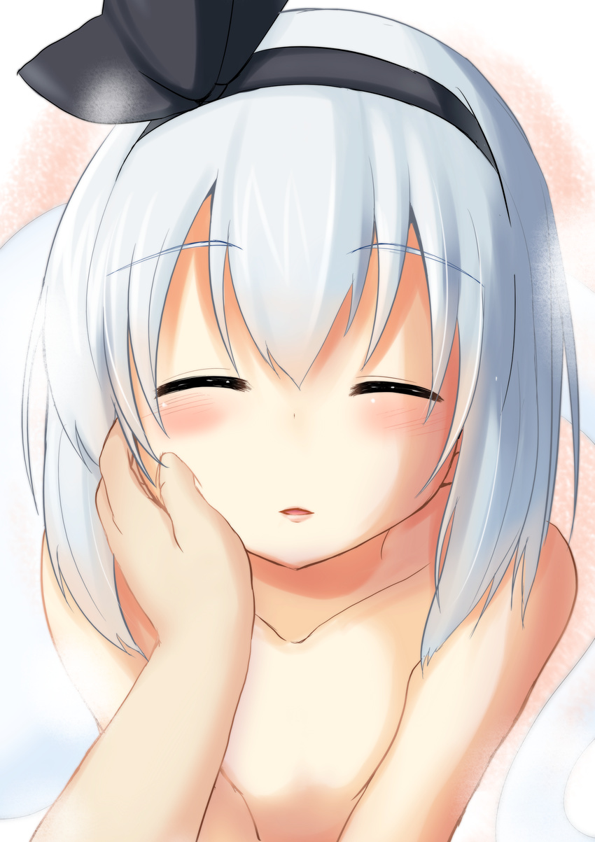 absurdres blush closed_eyes collarbone flat_chest hairband hands highres incoming_kiss konpaku_youmu lips looking_at_viewer mirino nude out_of_frame pov pov_hands short_hair silver_hair solo_focus touhou upper_body white_hair