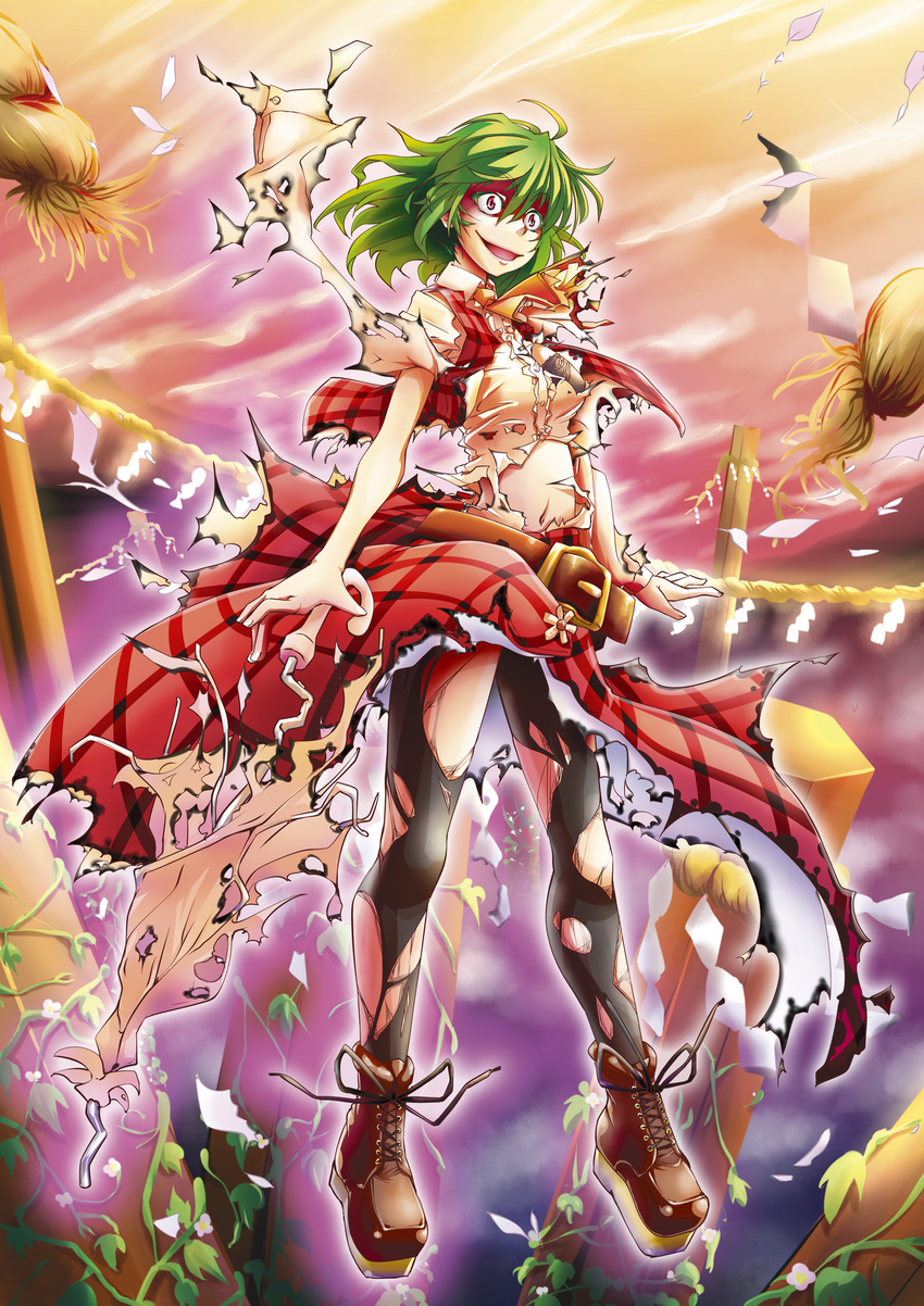 absurdres ascot belt broken_umbrella crazy_eyes glowing green_hair highres kazami_yuuka long_skirt midriff mokei onbashira pantyhose plaid plaid_skirt plaid_vest plant red_eyes rope shide shimenawa short_hair skirt skirt_set smirk solo sunset torn_clothes torn_legwear touhou vest vines wide-eyed