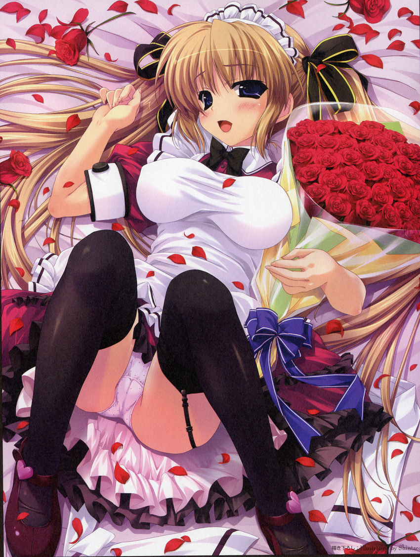 :d bed blonde_hair blue_eyes blush bouquet bow breasts cameltoe copyright_request covered_nipples flower garter_straps hair_ribbon heart highres large_breasts long_hair lying maid maid_headdress mary_janes on_back open_mouth panties petals polka_dot polka_dot_panties red_flower red_rose ribbon rose rose_petals shintarou shoes smile solo thighhighs twintails underwear very_long_hair