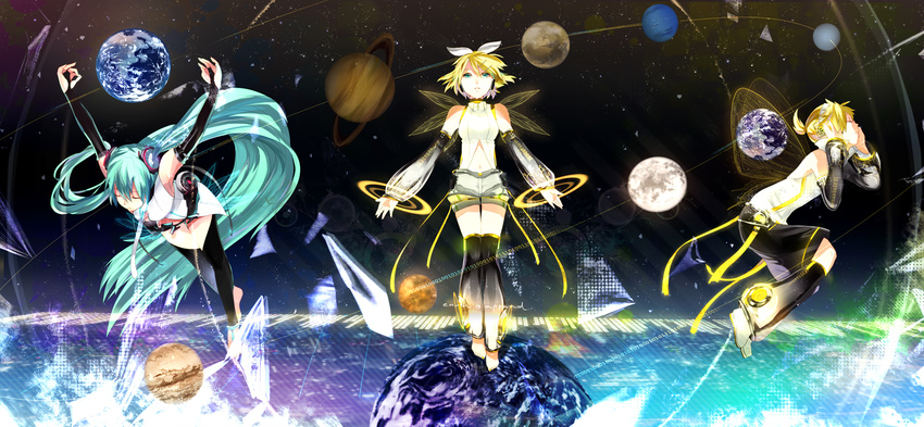 2girls aqua_eyes aqua_hair arm_warmers bad_id bad_pixiv_id barefoot blonde_hair butterfly_wings closed_eyes detached_sleeves earth elbow_gloves fairy_wings fingerless_gloves gloves hair_ornament hair_ribbon hairclip hatsune_miku hatsune_miku_(append) headphones highres kagamine_len kagamine_len_(append) kagamine_rin kagamine_rin_(append) leg_warmers long_hair multiple_girls navel necktie planet ribbon short_hair shorts siblings space thighhighs toeless_legwear twins twintails ume_(plumblossom) very_long_hair vocaloid vocaloid_append wings