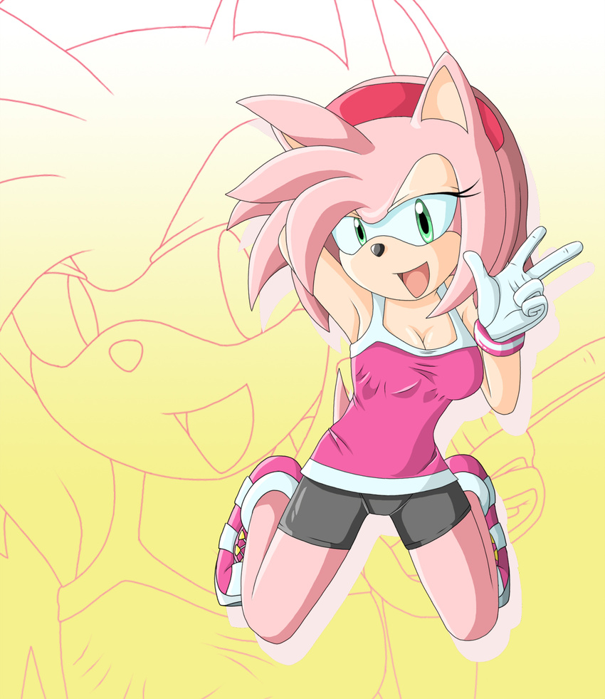 anthro big_breasts breasts cleavage clothed clothing deaffinity female gloves green_eyes hair headband hedgehog looking_at_viewer mammal mobian pink pink_body pink_hair pose sega smile solo sonic_(series) tail