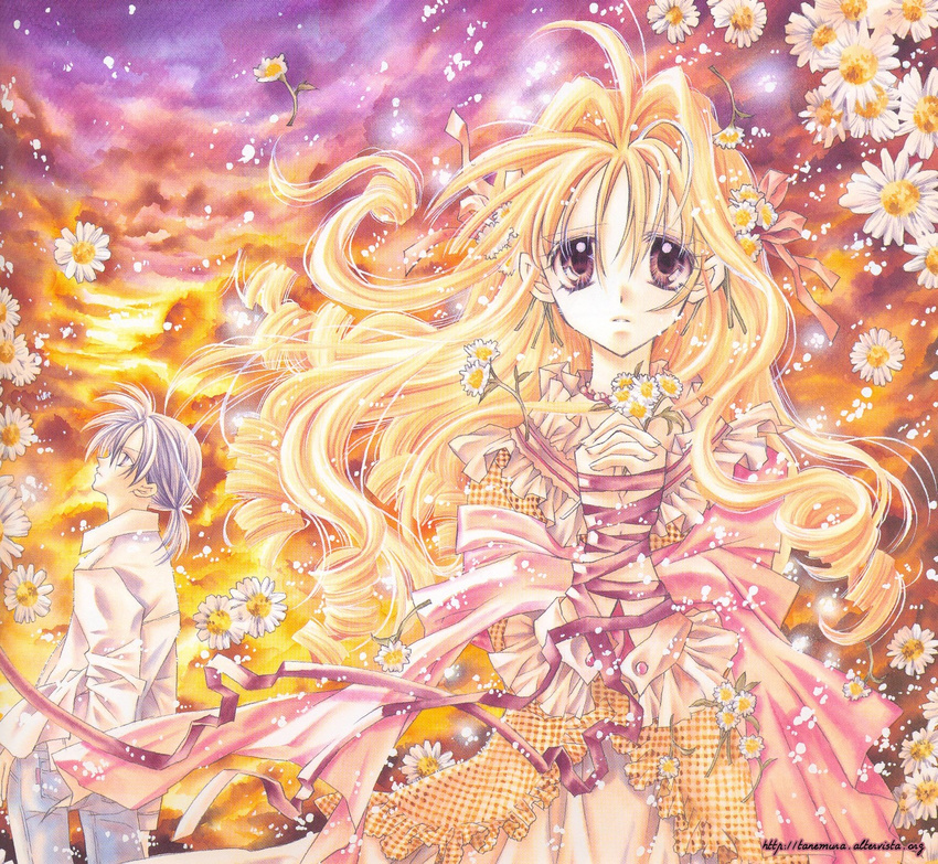 1girl blonde_hair colorful daisy denim dress evening flower full_moon_(full_moon_wo_sagashite) full_moon_wo_sagashite hair_flower hair_ornament hands_clasped highres jeans kouyama_mitsuki looking_up official_art own_hands_together pants ponytail ribbon sad scan scan_artifacts shirt sky sunset takuto_kira tanemura_arina traditional_media twilight white_shirt