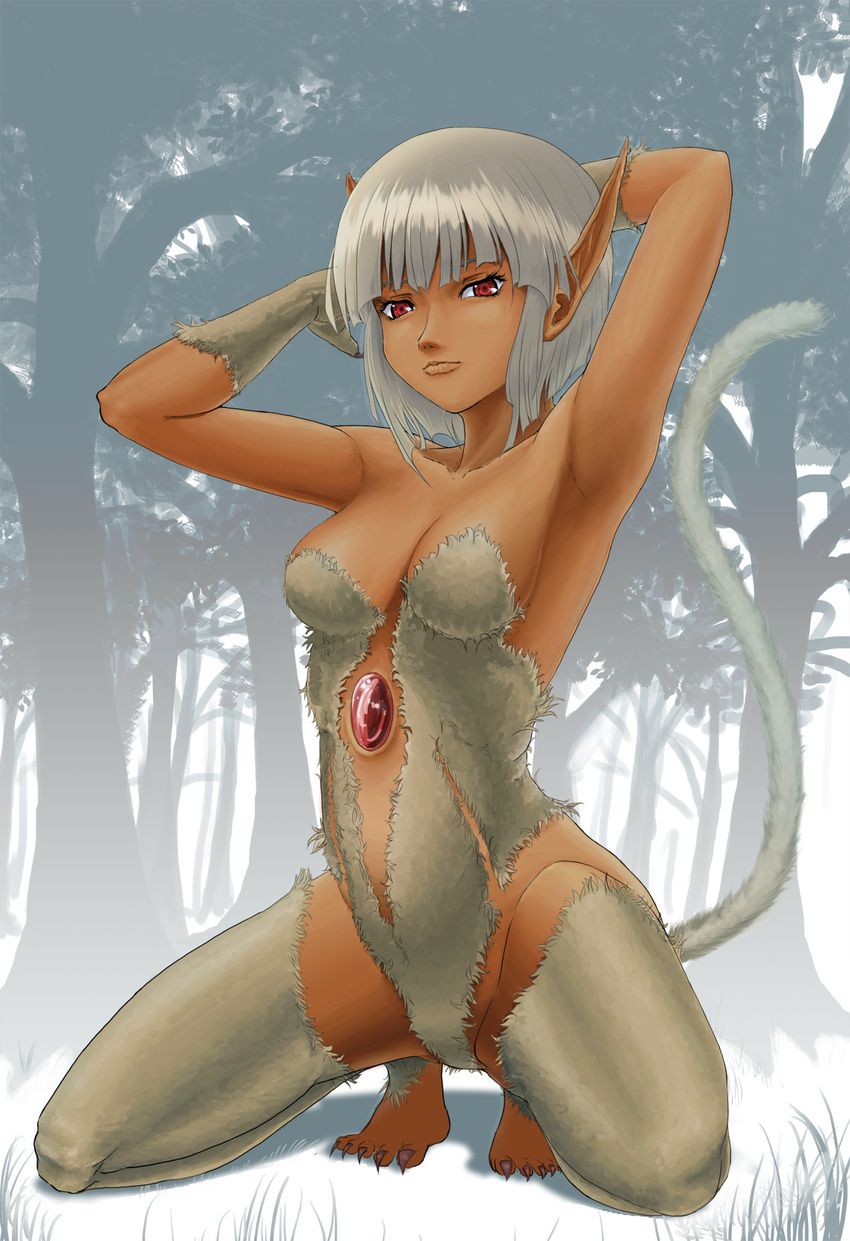 animal_ears armpits barefoot breasts dark_skin darkskin female forest full_body fur highres nature original outdoors partially_colored pointy_ears solo tail