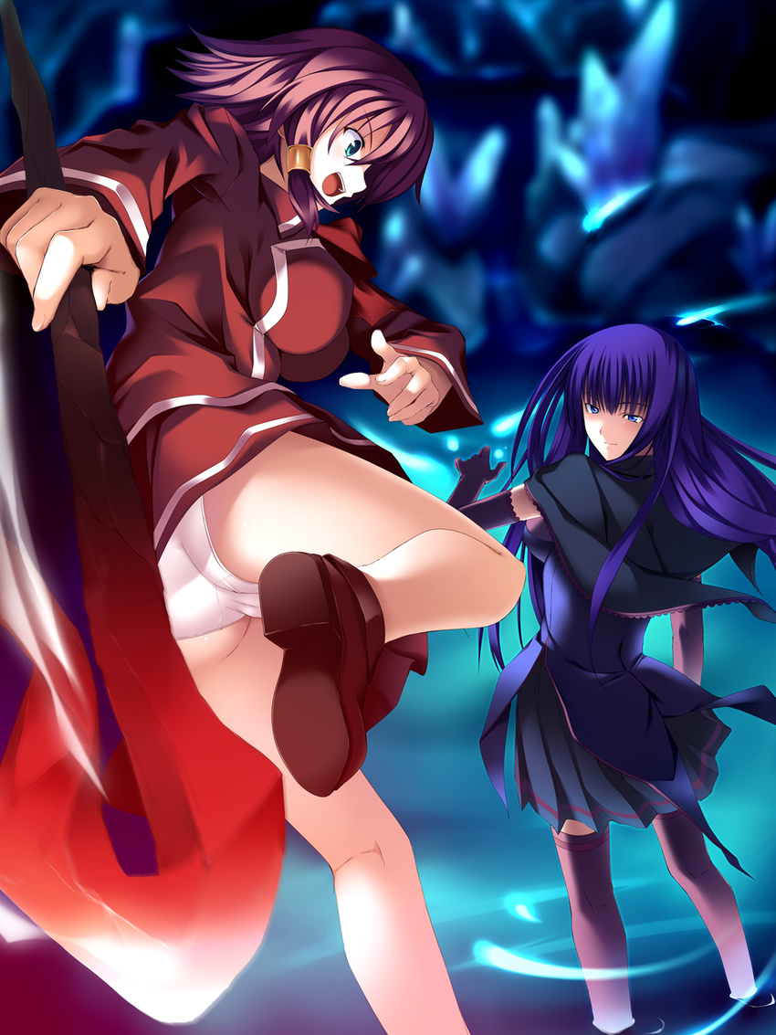 black_legwear blue_eyes blue_hair brown_hair elbow_gloves gloves green_eyes highres kneepits koikeya malariya multiple_girls panties quiz_magic_academy ruquia skirt thighhighs underwear