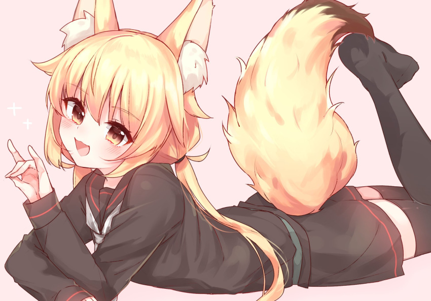 1girl :3 :d \n/ animal_ear_fluff animal_ears black_legwear black_sailor_collar black_shirt black_skirt blonde_hair blush brown_eyes fox_ears fox_girl fox_tail hand_up head_tilt highres kantai_collection kemonomimi_mode leg_up long_hair long_sleeves looking_at_viewer low_twintails lying miniskirt myao_(jumca_my) no_shoes on_stomach open_mouth pink_background sailor_collar satsuki_(kantai_collection) school_uniform serafuku shirt simple_background skirt smile solo tail thighhighs twintails white_neckwear zettai_ryouiki