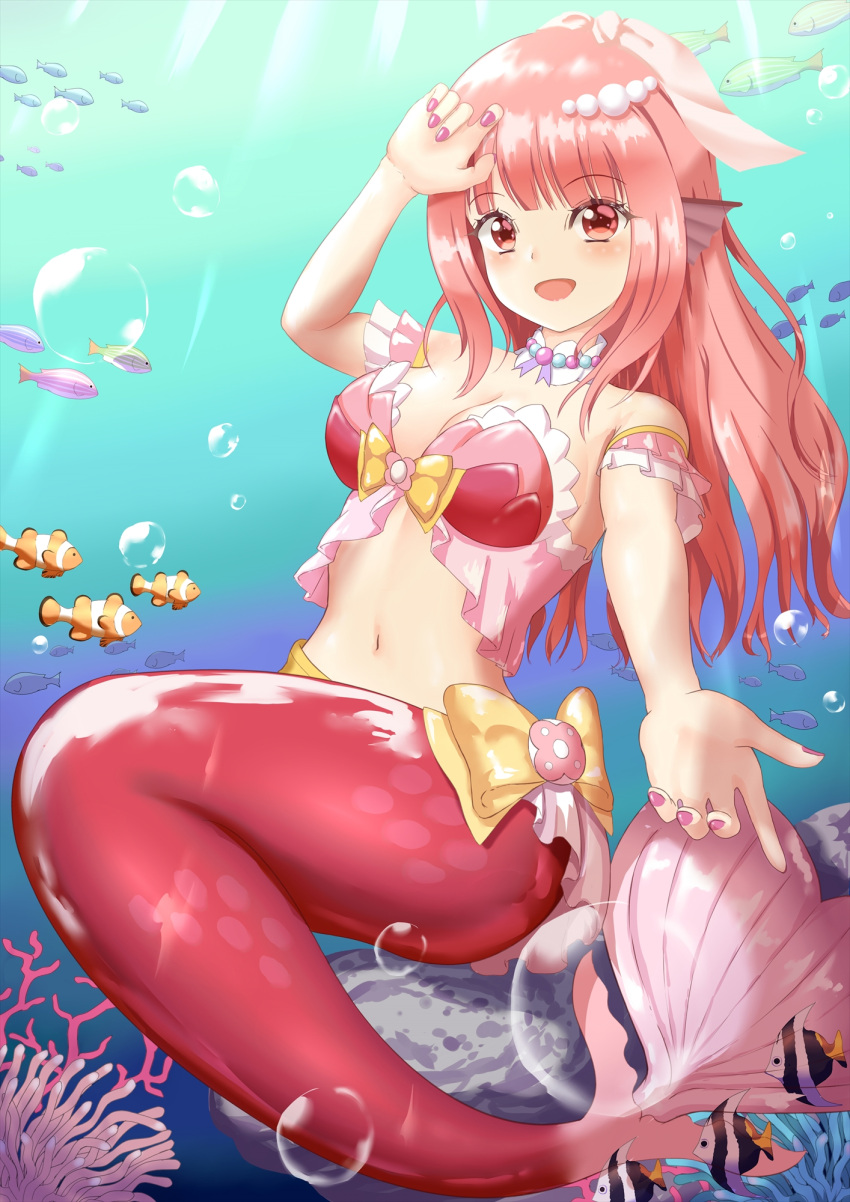 1girl :d air_bubble bangs bare_shoulders blunt_bangs blush bow breasts bubble cleavage commentary_request coral eyebrows_visible_through_hair fish full_body hand_up head_fins highres jewelry light_rays long_hair looking_at_viewer medium_breasts mermaid midriff monster_girl navel necklace open_mouth original pearl_hair_ornament pearl_necklace pink_eyes pink_hair pink_nails reaching_out rock shadow sidelocks sitting smile solo underwater yellow_bow yukimura_chisa