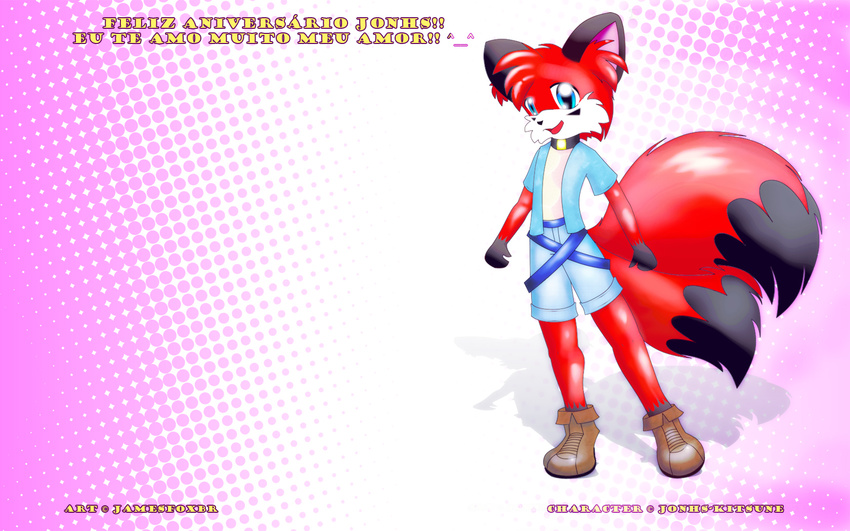 16:10 blue_eyes canine collar cute fox jamesfoxbr jonhs-kitsune_(character) kitsune male multiple_tails open_mouth red solo standing tail wallpaper widescreen
