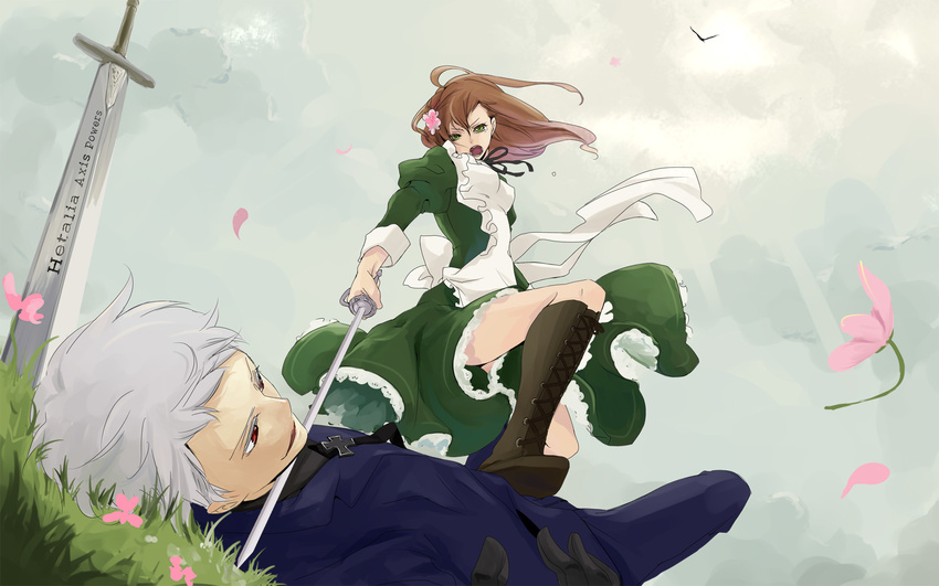 axis_powers_hetalia beautiful_defeat boots brown_hair defeated dress duel dutch_angle femdom flower glove gloves green_eyes hair_flower hair_ornament highres hungary_(hetalia) long_hair nice_angle prussia_(hetalia) red_eyes sad smile uniform white_hair