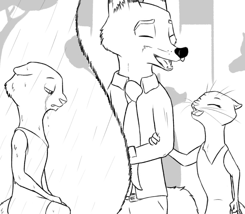 2019 a-signature anthro black_nose clothed clothing crying disney female fur hi_res kris_(zootopia) laugh lutrine male mammal mustelid necktie nick_wilde raining tears whiskers zootopia