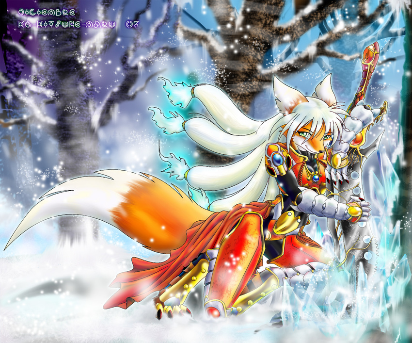 angello_cauich armor canine crystal female fox kneeling snow solo sword tree weapon
