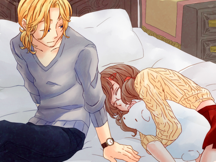 1girl axis_powers_hetalia az0212 bad_id bad_pixiv_id bear bed blonde_hair blue_eyes canada_(hetalia) france_(hetalia) genderswap genderswap_(mtf) glasses hair_ornament hairclip polar_bear sleeping twintails