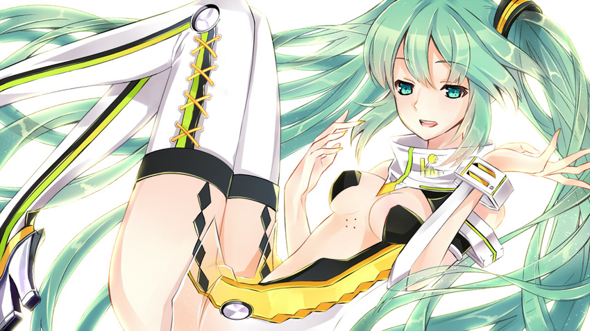 bad_id bad_pixiv_id garter_straps green_eyes green_hair hatsune_miku high_heels long_hair shoes simple_background solo thighhighs twintails very_long_hair vocaloid yuna_(rutera)