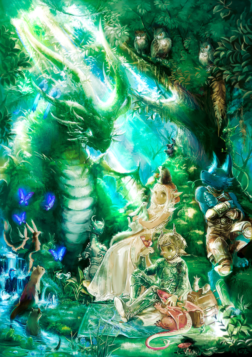 avian bird butterfly canine dragon elf fantasy female feral forest group hi_res insect male mammal mustelid nejimakick nejita otter owl pixiv pixiv_fantasia raccoon tail tree wings wolf wood