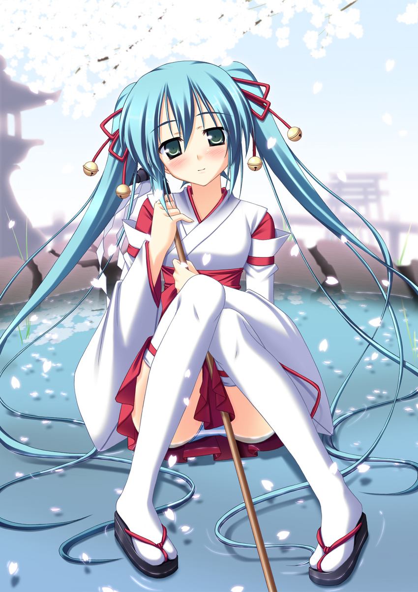 adapted_uniform alternate_costume aqua_hair blush flip-flops green_eyes hair_ornament hatsune_miku highres japanese_clothes long_hair miko panties petals sandals skywaker solo striped striped_panties thighhighs twintails underwear very_long_hair vocaloid water white_legwear