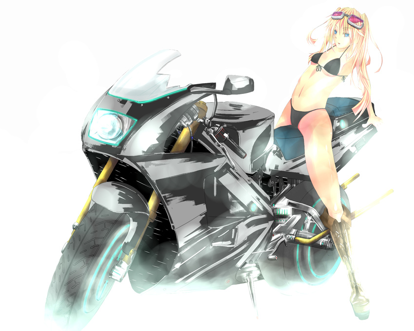 bad_id bad_pixiv_id bikini bikini_bottom bikini_top blonde_hair boots front-tie_top goggles ground_vehicle haz_first_music highres leaning_back long_hair motor_vehicle motorcycle solo swimsuit