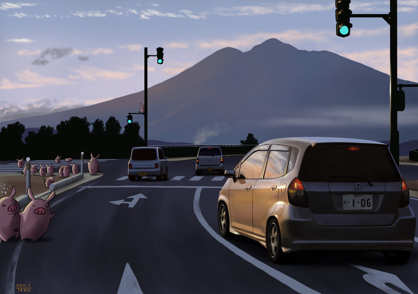 car cloud dated ground_vehicle hitchhiking honda honda_jazz matataku motor_vehicle mountain no_humans pig real_world_location realistic road sky street traffic_light tree what