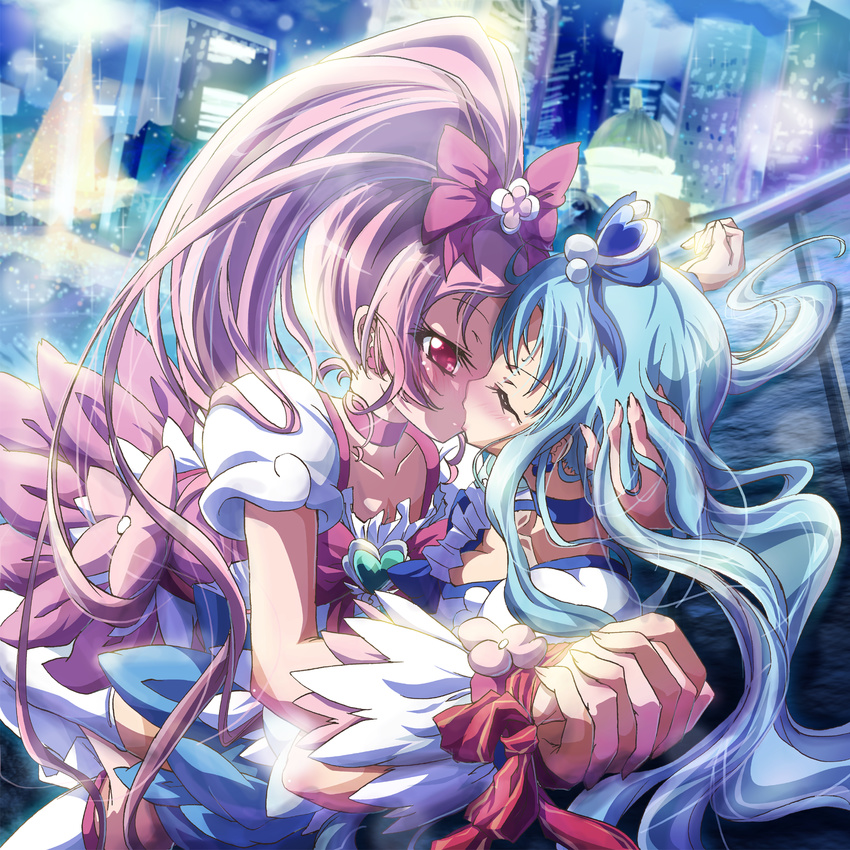 blue_choker blush bow choker closed_eyes cure_blossom cure_marine eyelashes hanasaki_tsubomi hand_on_head heartcatch_precure! highres holding_hands inoshishi_(ikatomo) kiss kurumi_erika magical_girl multiple_girls pink_bow pink_choker pink_eyes precure yuri