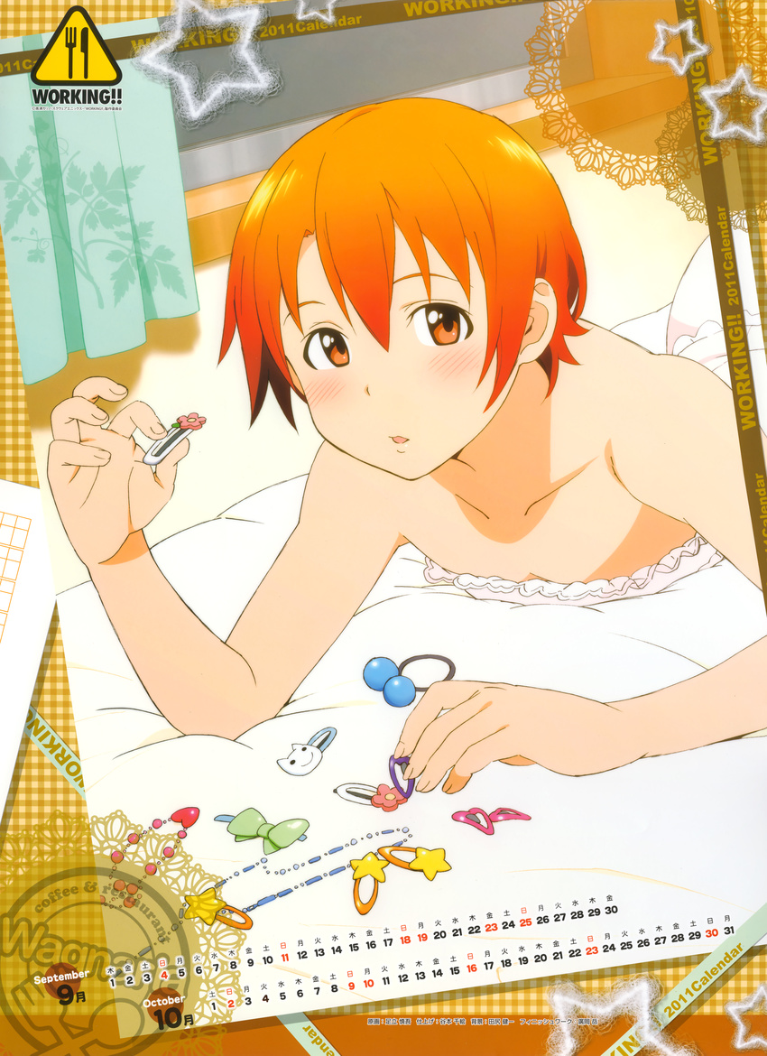 absurdres adachi_shingo bare_shoulders bed blush calendar_(medium) dress flat_chest hair_ornament hairclip hairpin highres inami_mahiru lying official_art on_stomach open_mouth orange_eyes orange_hair scan short_hair solo white_dress working!!